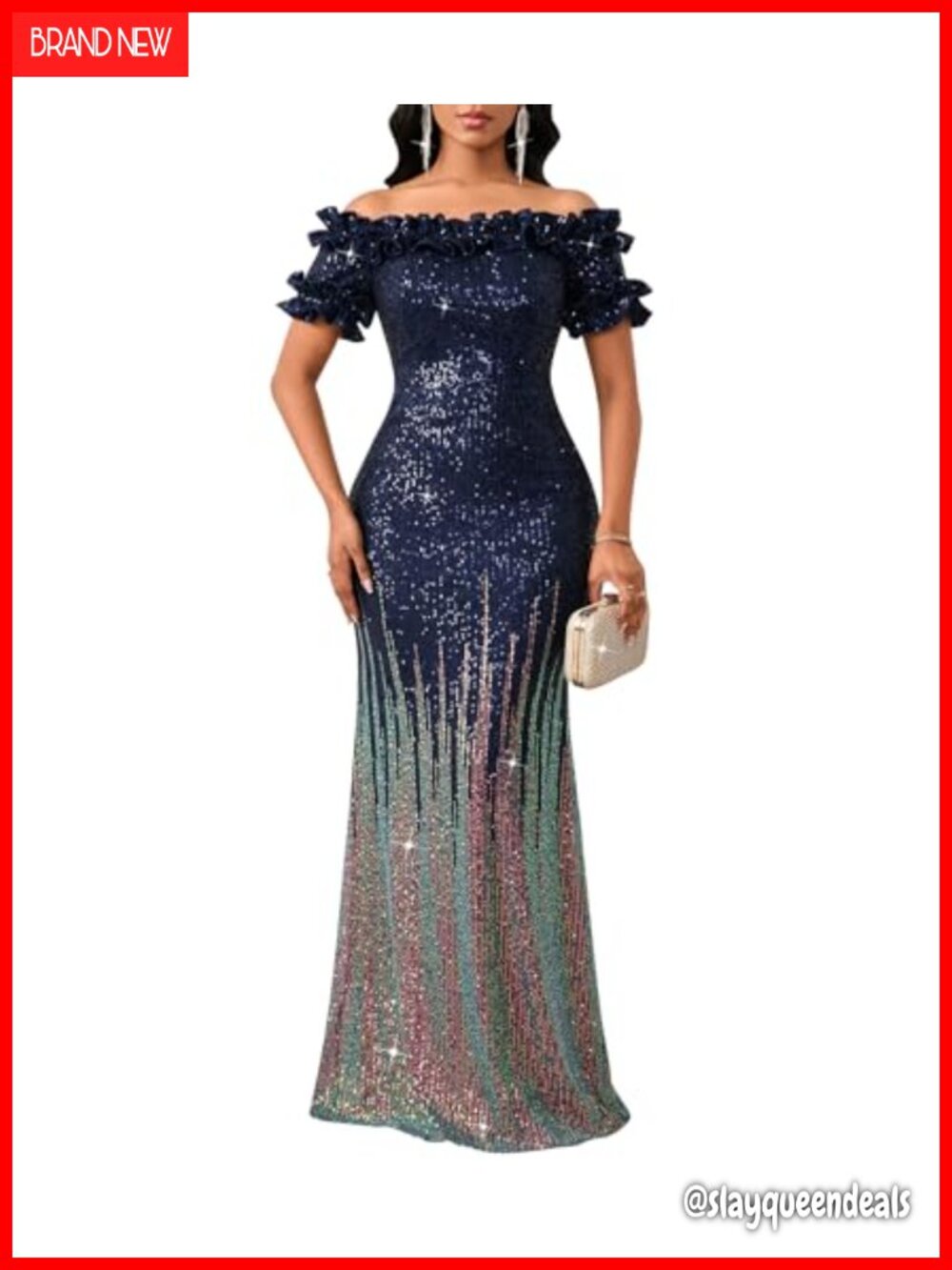 Women Sequin Off Shoulder Ruffle Bodycon Mermaid Maxi Formal Evening Dress